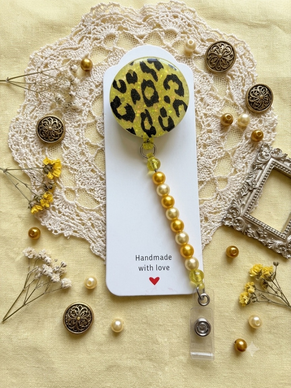 Handmade Yellow Leopard Retractable Badge Reel with Pearl Beaded Strap